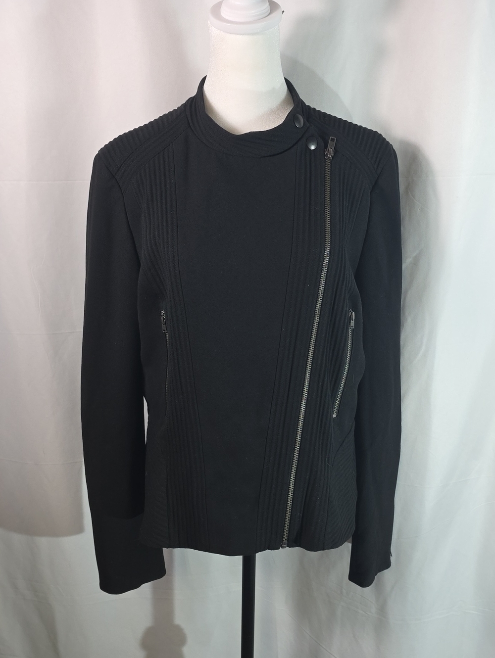 Ann Taylor Black Ribbed-Panel Asymmetrical Zip Jacket